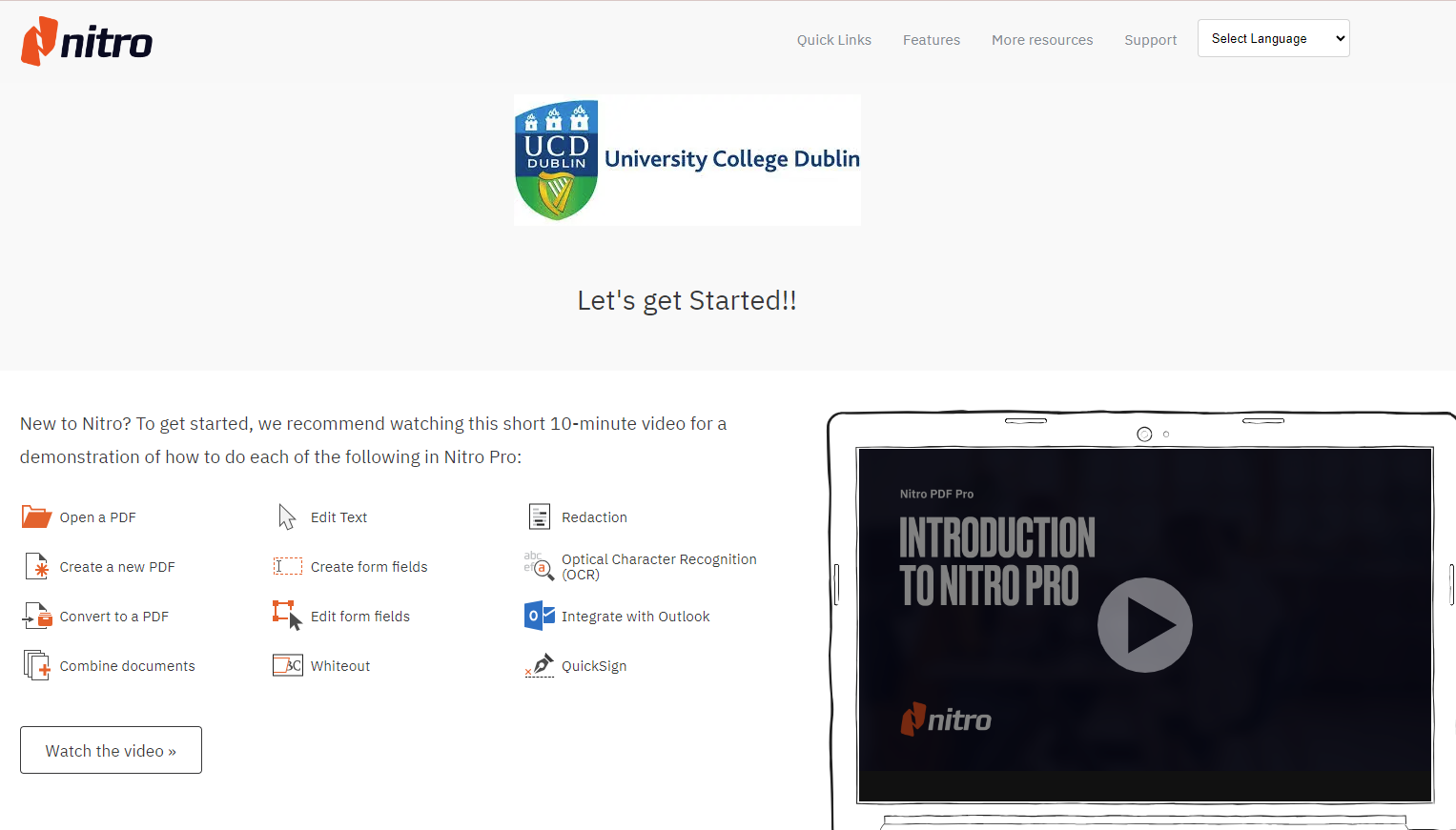 Screenshot of Nitro UCD microsite, showing the UCD logo with some help links and an embedded introductory video to Nitro PDF Pro